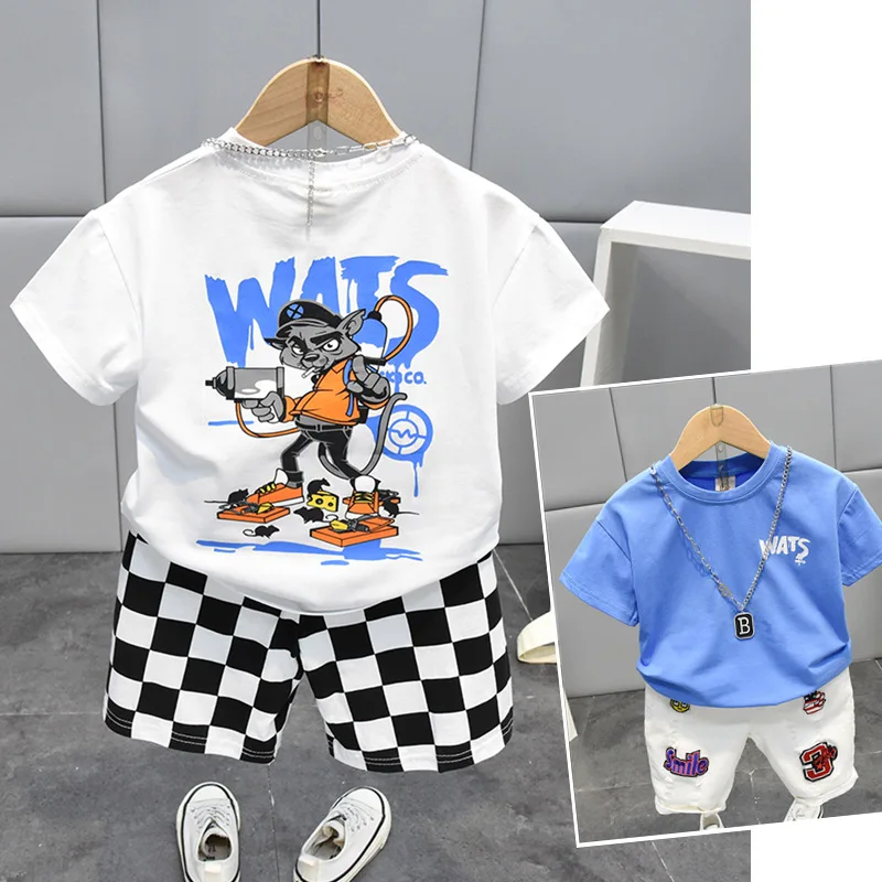 

2022, комплект одежды для маленьких мальчиков, летняя повседневная футболка с коротким рукавом и шорты в полоску, детская одежда для детей ясе...