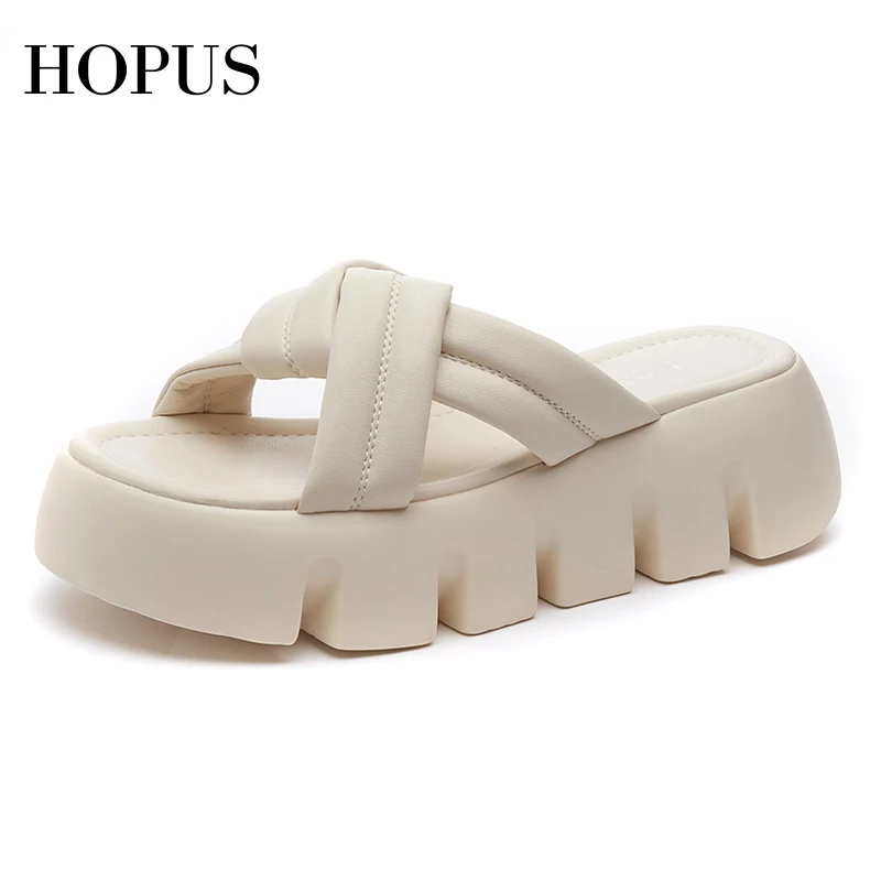 

HOPUS Women's Slippers Outdoor Summer Leather Shoes For Women 2022 New Retro Platform Slippers Open Toe Fashion Simple Sandals