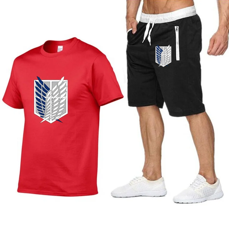 

2022 Summer Men's T-Shirt +Shorts Suit Attack on Titan Short Sleeve Set Printed Cotton Shirts Jogging Sweatpants Male Sportswear