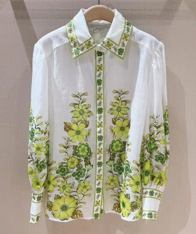 100%Ramie Shirts 2023 Spring Summer Style Women Turn-down Collar Charming Floral Prints Long Sleeve Casual White Button Shirts