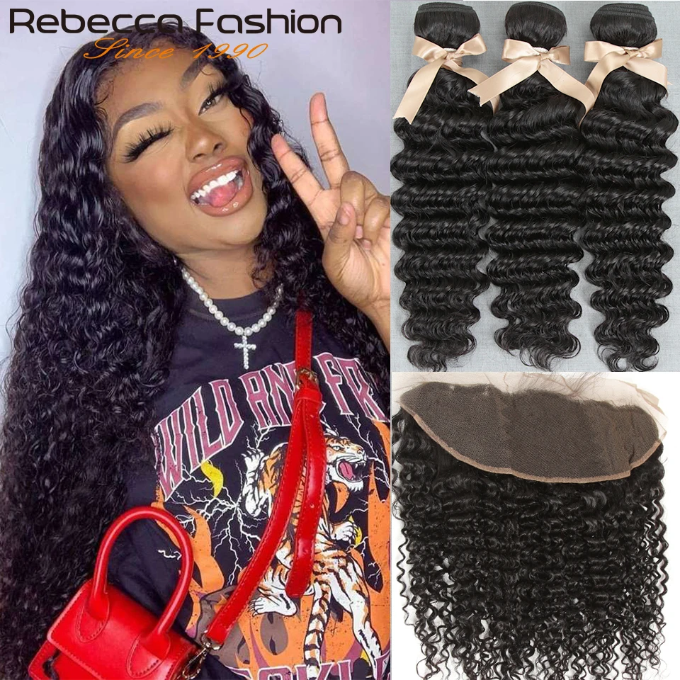 Rebecca Deep Wave Bundles With Frontal 3 Human Hair Bundles With Frontal Brazilian Hair Weave Deep Wave Bundles With Closure