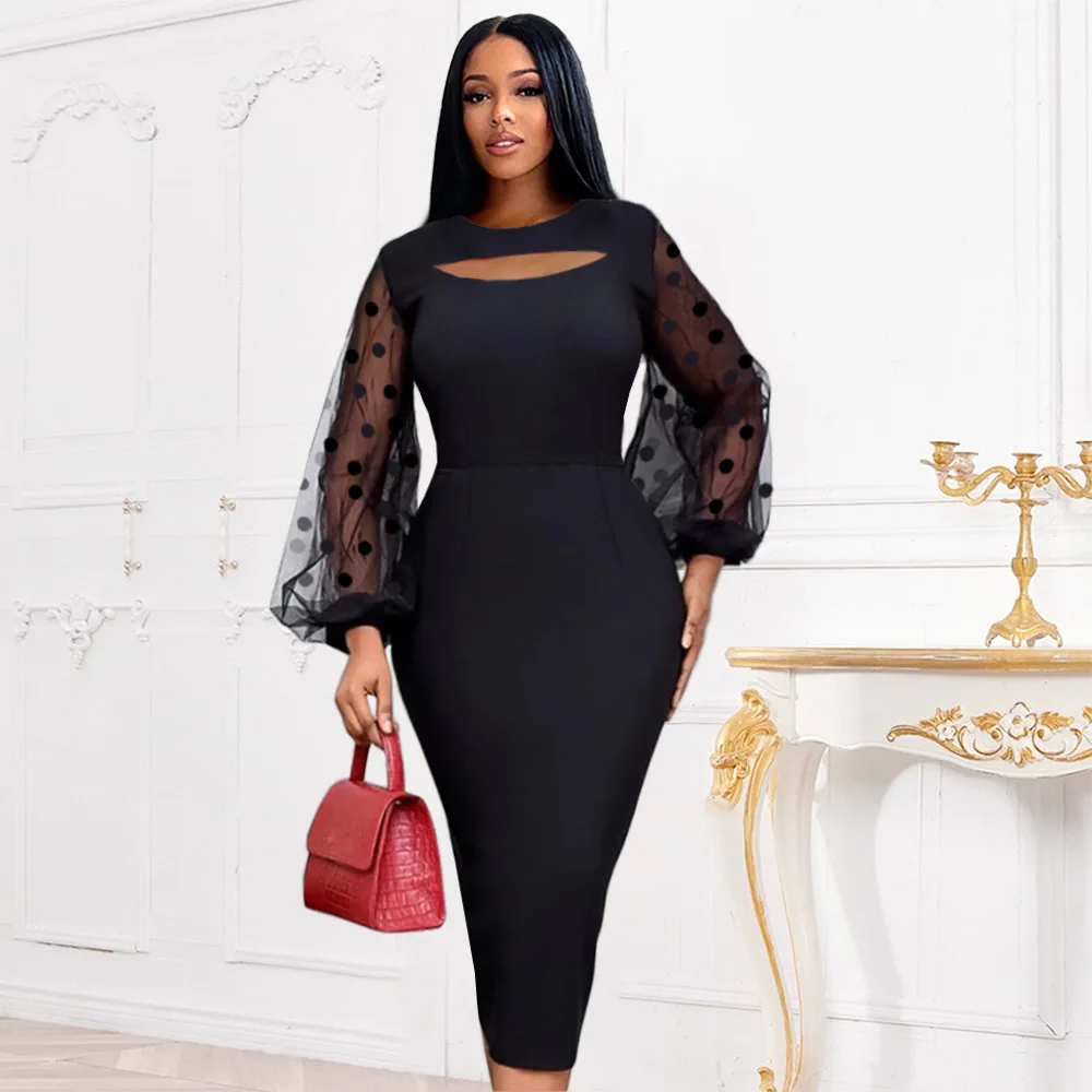 

S-4XL Autumn Elegant Long Sleeve Round Neck Pink Blue Polyester Knee-length Dress African Dresses for Women Bodycon Dress