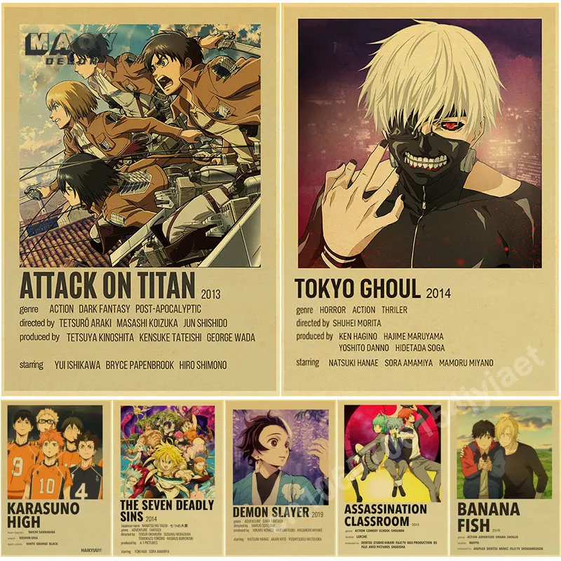 

Anime Collection Retro Posters Kraft Paper Vintage Room Bar Cafe Decor Wall Art Demon Slayer/Tokyo Ghoul/Attack on Titan Poster
