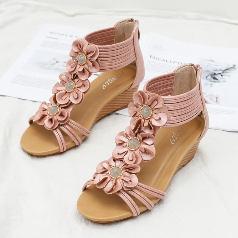 

New Fashion Wedge Sandals Women Summer Shoes Elegant Ladies Roman Sandals Flowers Women Sandals Back Zipper High Heels Larg Size
