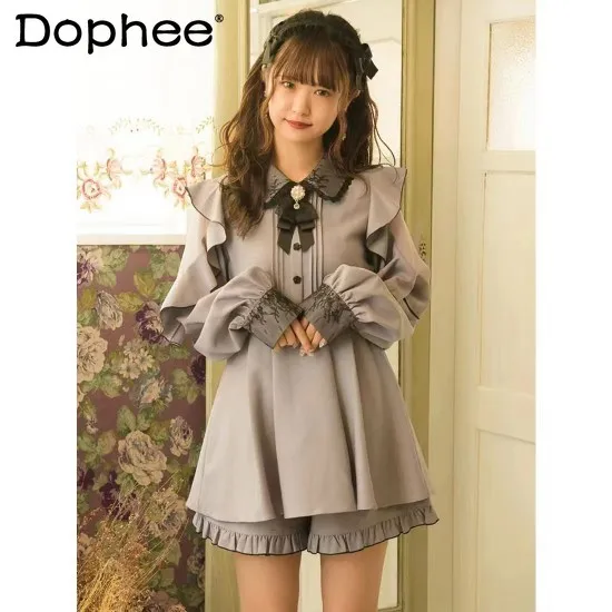 

Rojita Top and Shorts Set Women Autumn New Japanese Lolita Bow Lace Mid-Length Blouse Shorts Two-Piece Set Sweet Outfits