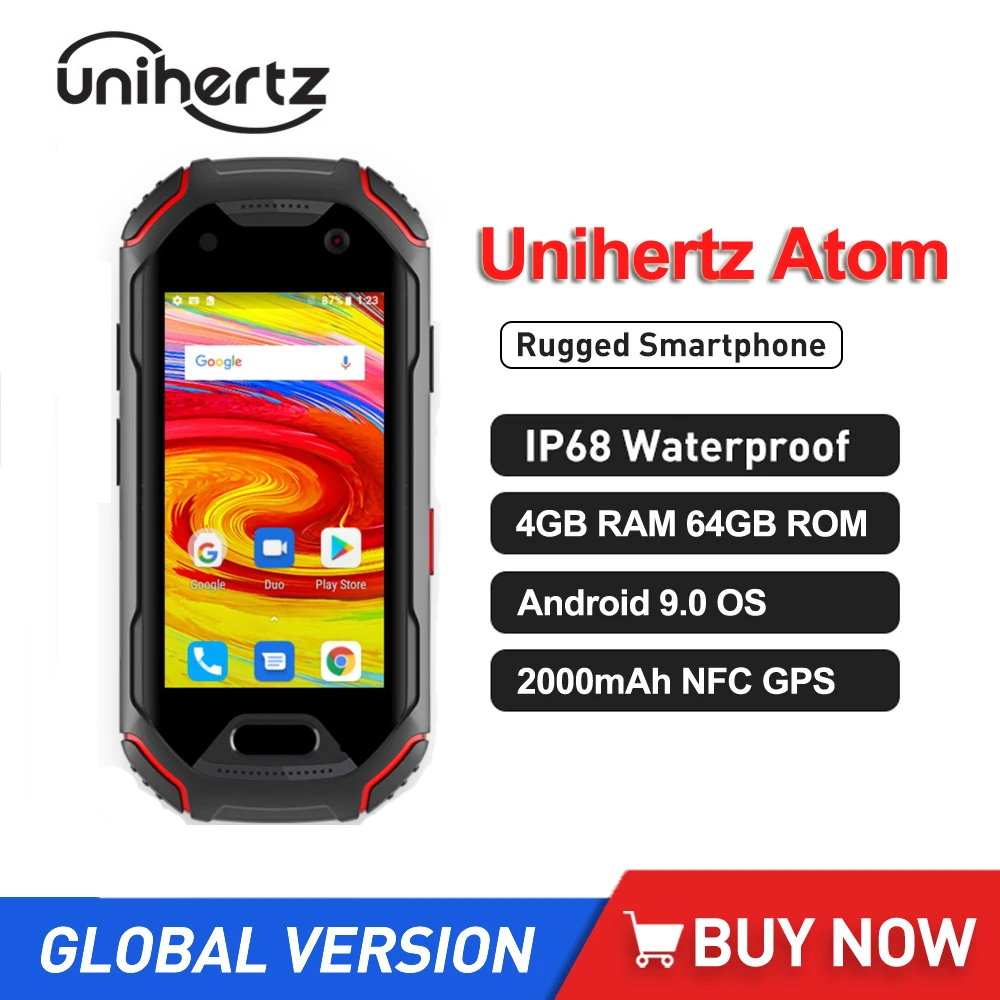 Unihertz Atom 4G Rugged Waterproof Smartphone Android 9.0 Octa Core 4GB RAM 64GB ROM 2.45 Inch unlocked Mobile Phone 2000mAh NFC