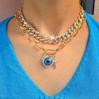 flatfoosie hip hop cuban choker evil eyes pendant necklace for women layered iced out crystal heart eyes cross necklace jewelry