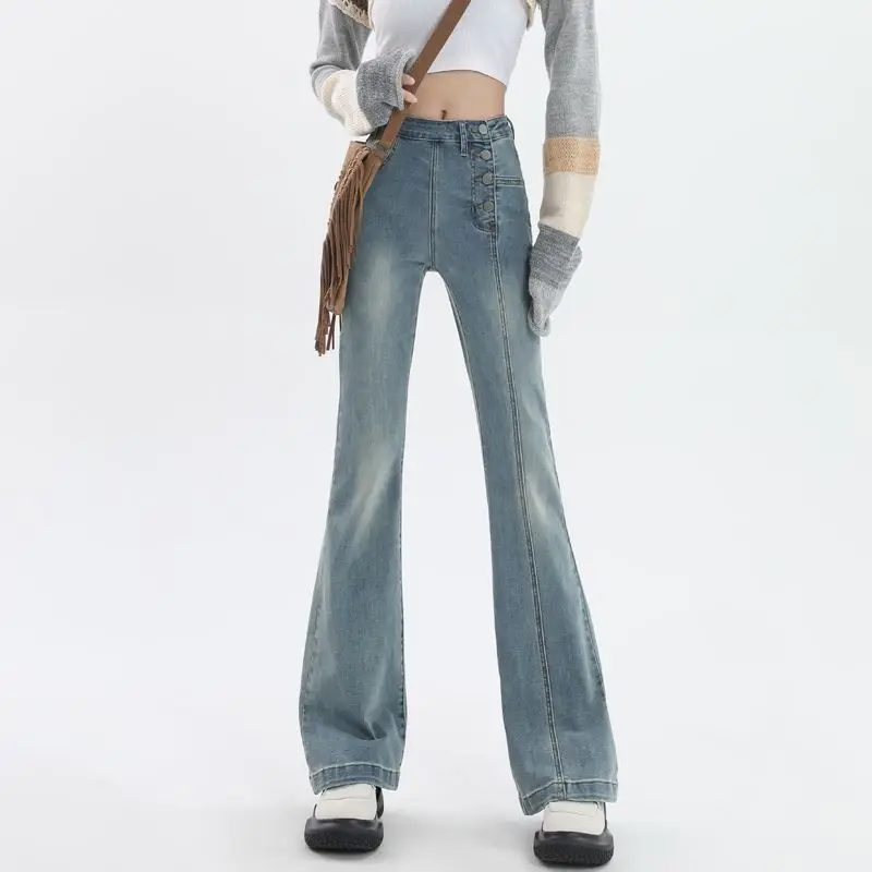 

Женские эластичные джинсы с высокой талией, весенние облегающие брюки в стиле ретро, женские джинсовые брюки с карманами, 1200