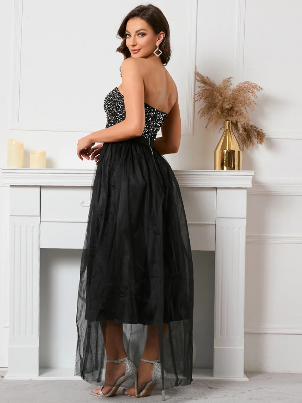 Sparkly Black Prom Dress Strapless Tulle A-Line Short Evening Dress Robe de soiree Wedding Party Dress Cocktail Dress