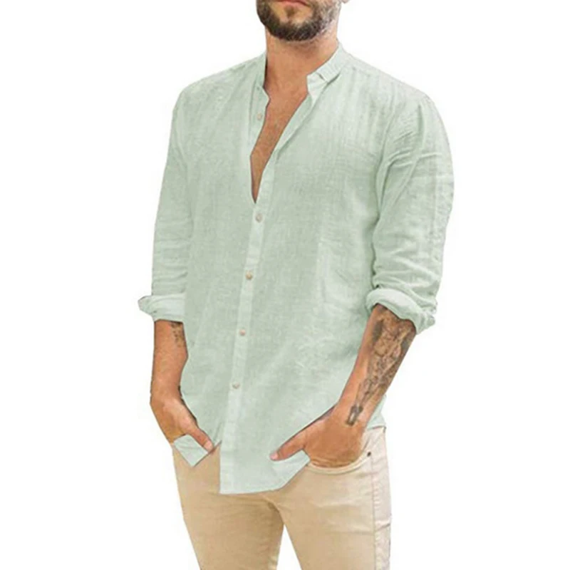 2022 new European and American men's loose linen cardigan solid color casual stand-up collar long-sleeved shirt comfortable