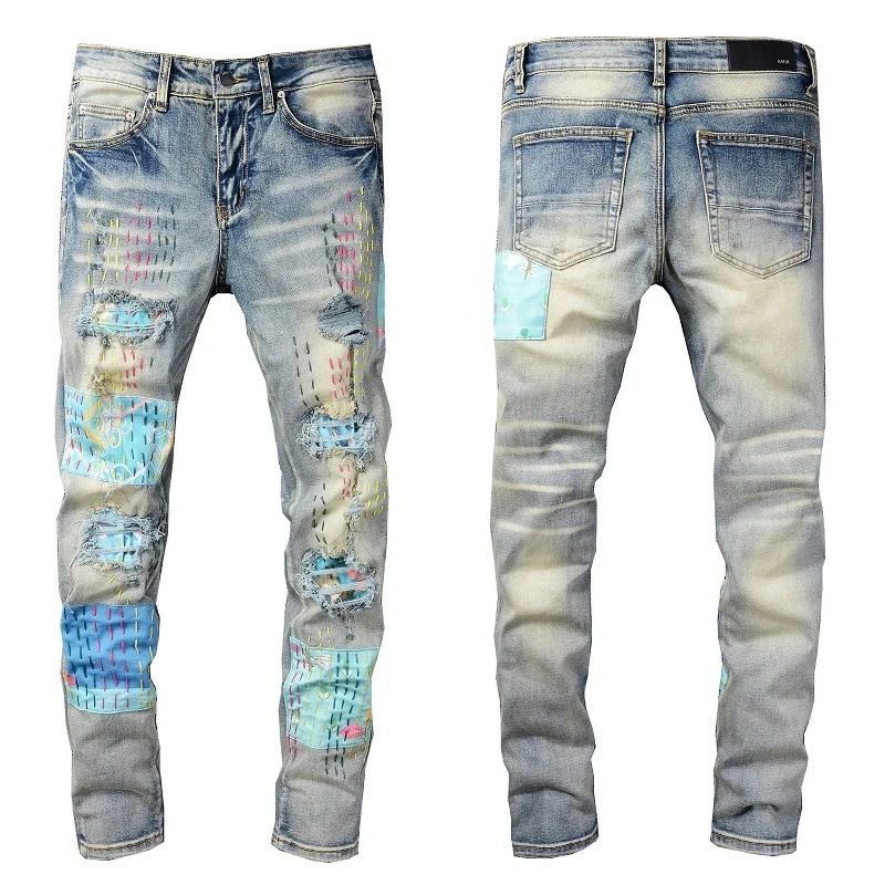 

AMR Flower Patch Pant Beggar Jean Patchwork Jeans For Men High Street Knife Cut Heavy-Duty Wreck Rip Erosive Motorcycle Pant