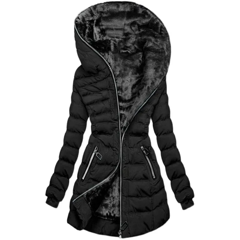 2022 Women's Hooded Long Sleeved Warm Plush Cotton Jacket Winter Long Zipper Coat