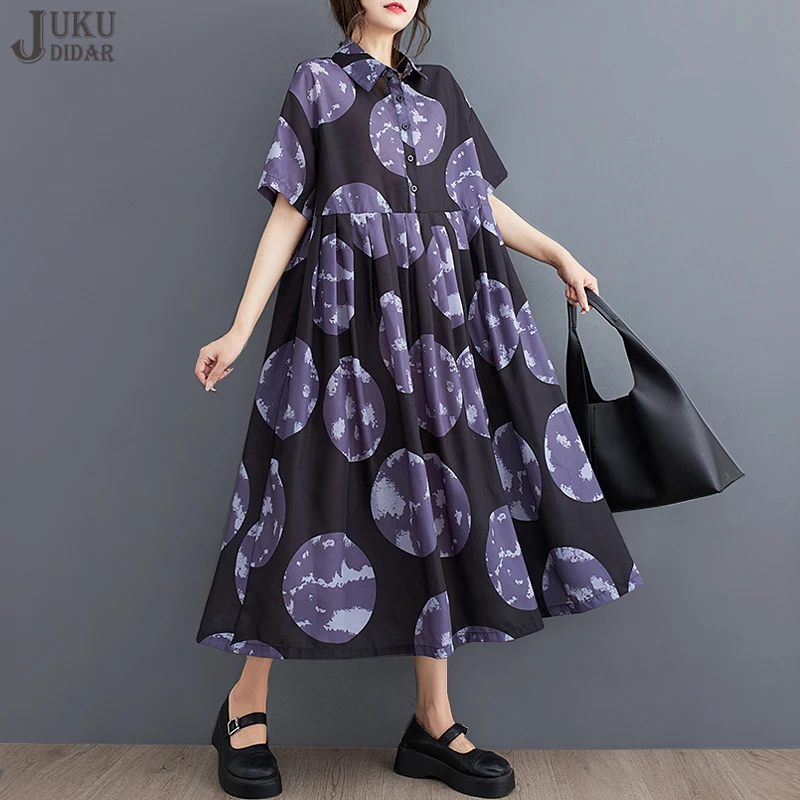 

Женское длинное платье-рубашка в горошек, свободное Повседневное платье большого размера с коротким рукавом и отложным воротником, модель JJXD505 в Корейском стиле на лето