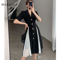 elegant black women midi dress summer v neck female robe patchwork pleated short sleeve office lady work vestido plus size 4xl