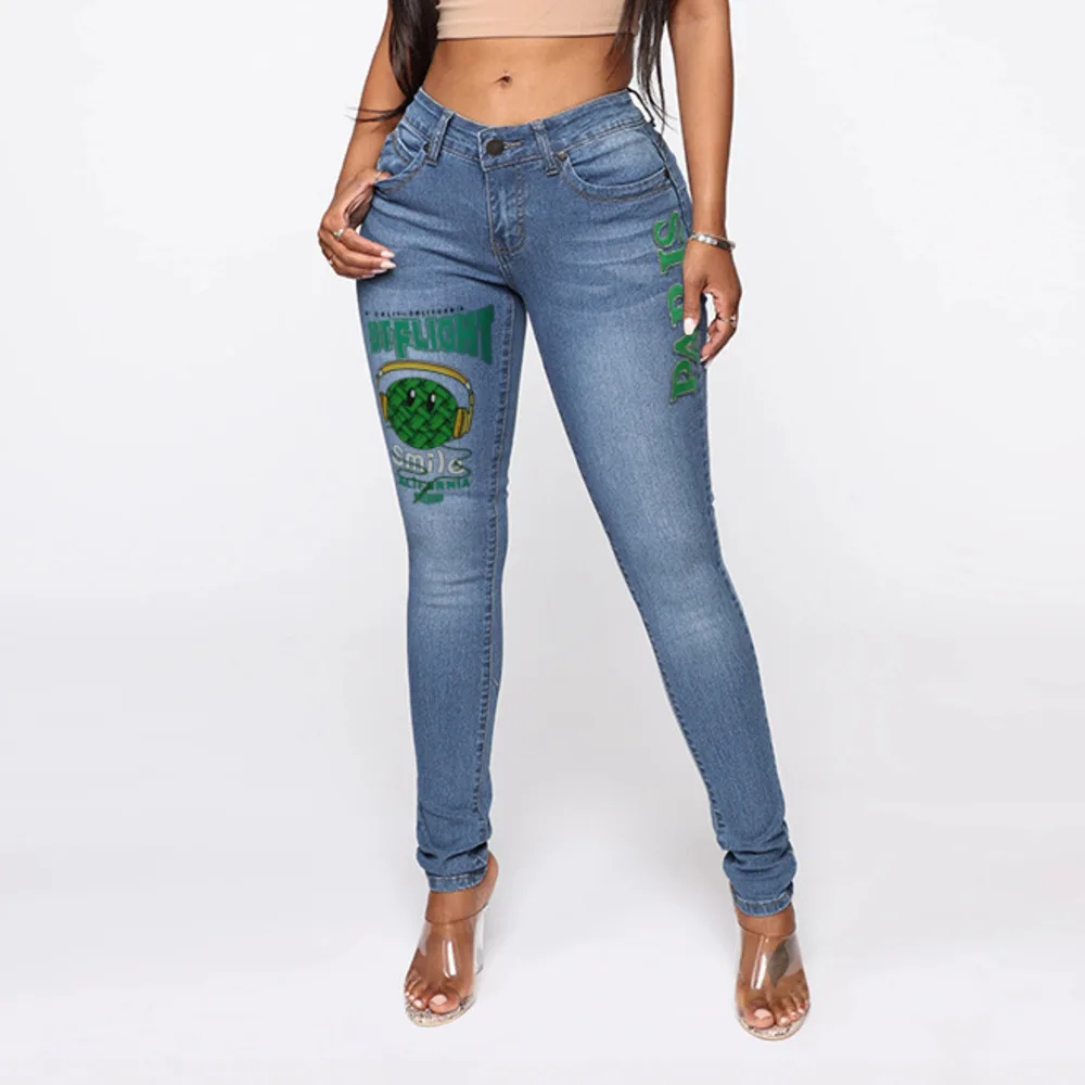 

Women's Denim Trouser Fashion Smiling Face Tight Skinny High Waist Pencil Pants Ladies Classic Slim Autumn Winter Print Jeans