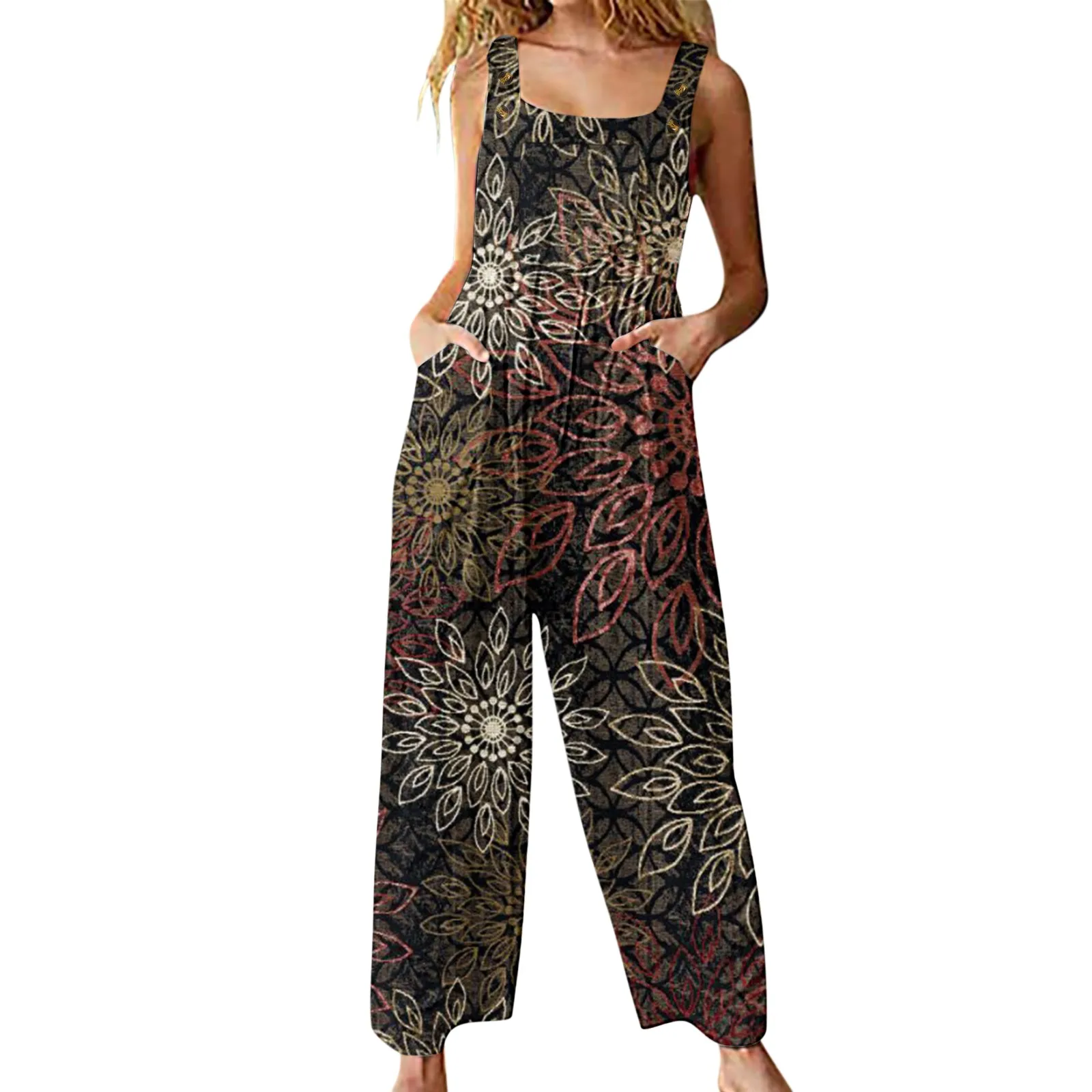 

Повседневный женский комбинезон на пуговице, комбинезон на бретельках с квадратным воротником, летний Свободный комбинезон без рукавов, же...