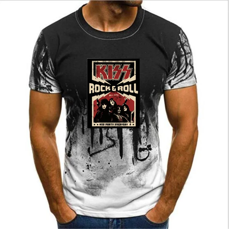 

Новинка 2022, градиентная черная футболка с надписью «KISS Rock Roll All Nite» для вечеринки, повседневная черная футболка, официальная Мужская футболк...
