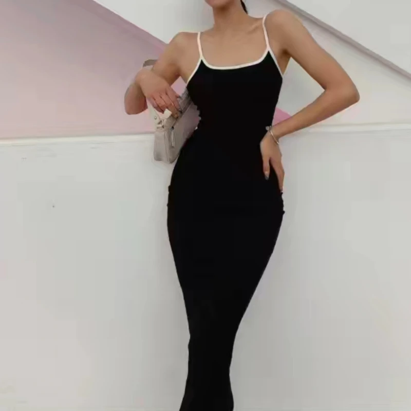 

Women's Summer Sundresses Leak Back Slim Sexy Dress Sheath Long Bodycon Dress O-Neck Solid Color Elegant Spaghetti Strap Dresses