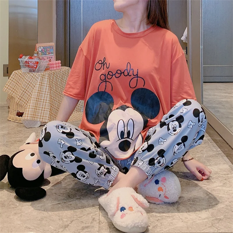 Disney Mickey Mouse Pajamas Set Women Summer Nightwear Pajama Two Piece Set Pyjamas Loungewear Kawaii Cute Pajamas Suit Women