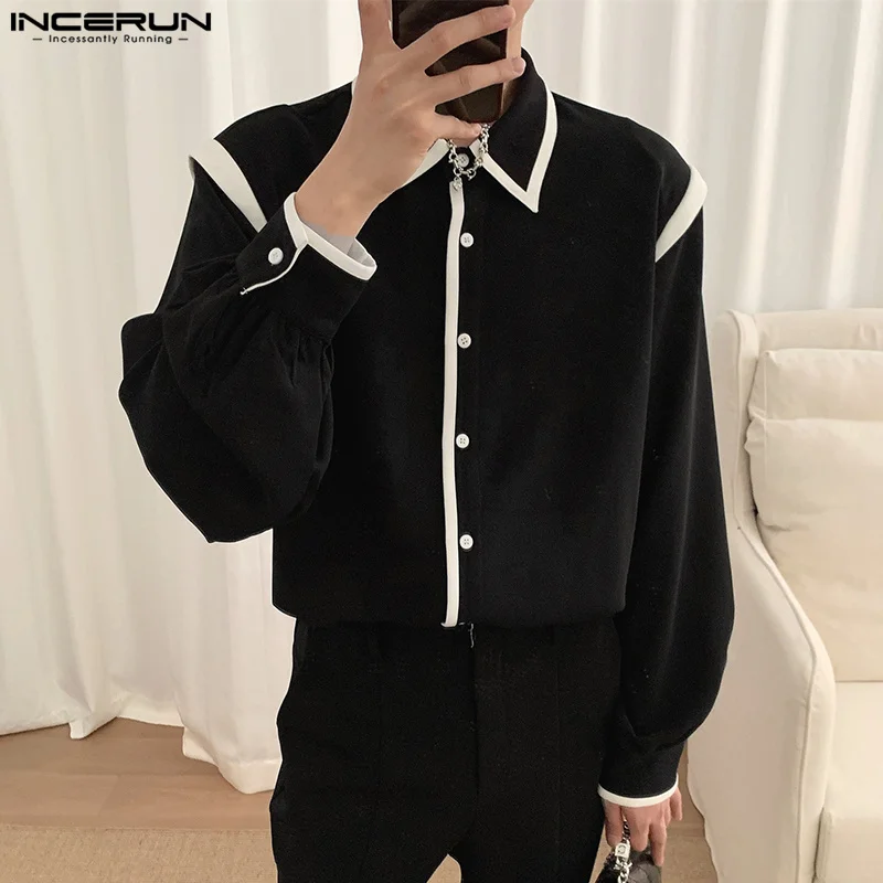 

Korean Style Men Black White Color Blouse Fashion Well Fitting Splicing Long Sleeve Lapel Buttons Shirts S-5XL INCERUN Tops 2023