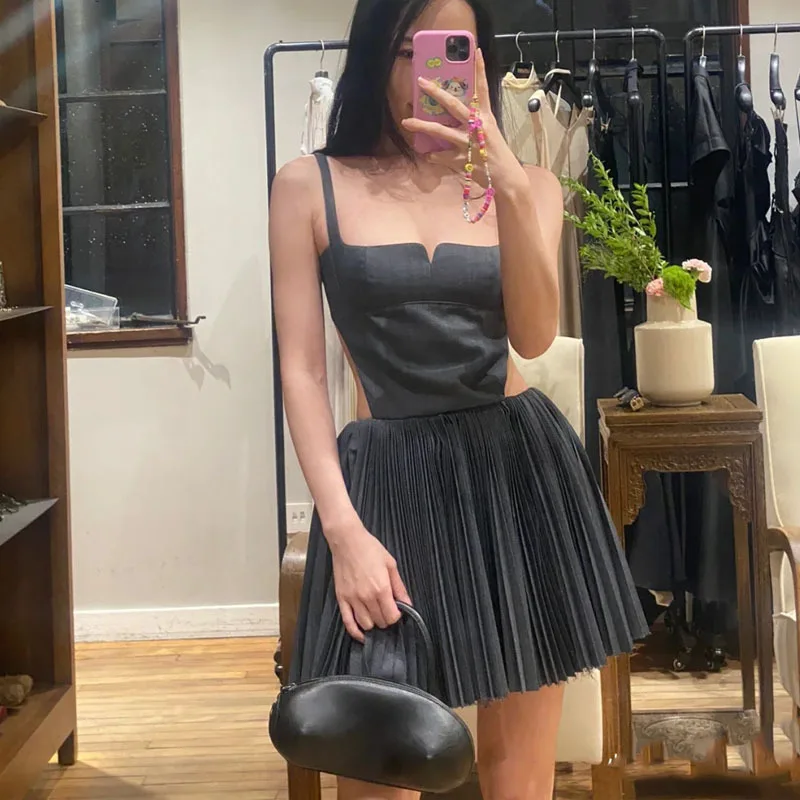 Designer Brand New Sling Sexy Hollow Out Pleated Mini Dress At Waist Simple Black Grey Party Night Club Sweet Women Dresses