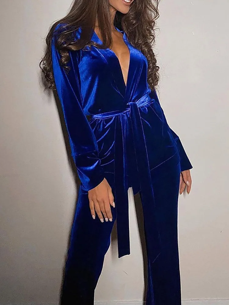 

Sexy Party Club Lady Long Pants Two Piece Set Solid Women Slim Fit Trousers Matching Suit Patchwork Belt Jacket And Pants Outfit