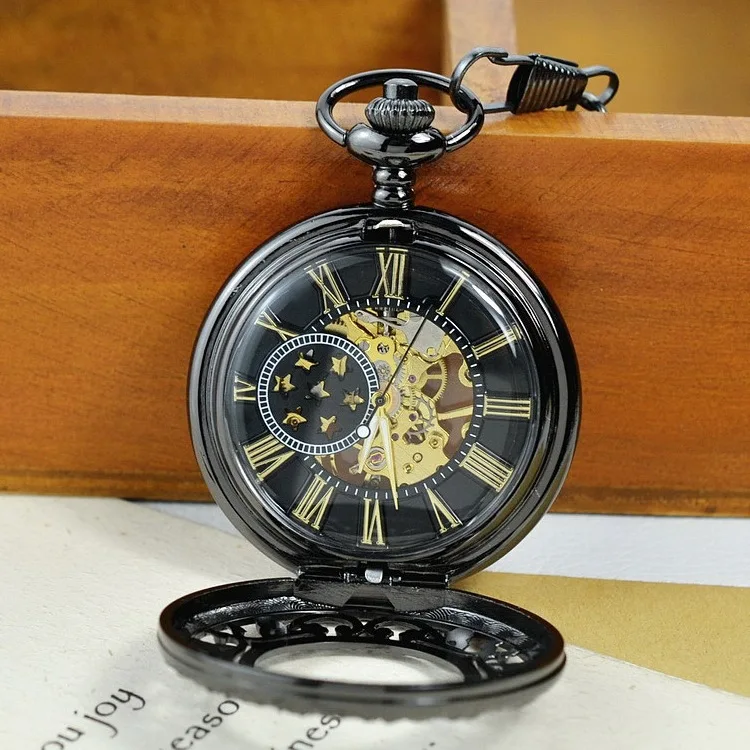 Luxury Mechanical Black Gold Pocket Watch for Men Women Skeleton Dial Roman Numeral Dial Fob Chain Pendant Clock for Collection