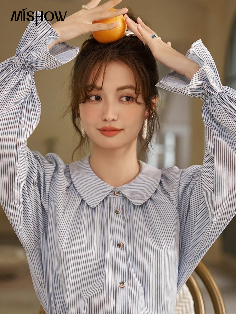 Женская рубашка в полоску с рукавами-фонариками стиле ретро