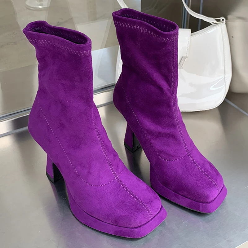 

New 2023 Fashion Flock Ladies Stretch Boots Autumn Spring Square Toe Women Modern Ankle Boots Slip On Female Heels Pumps Shoes