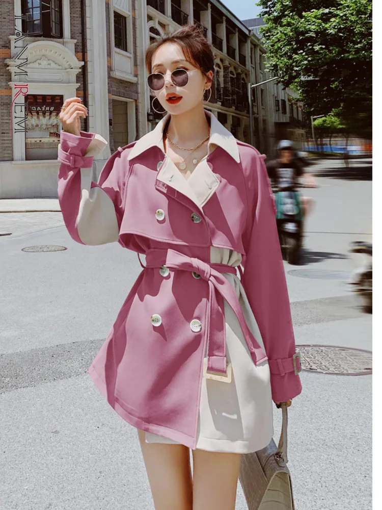 

LANMREM Patchwork Trench Coat Women Turn-down Neck Double Breasted Long Sleeve Belt 2022 Autumn Female Fashion Clothing 2I173