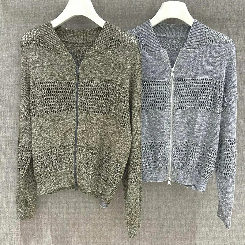 

2023 AW Hollow Out Linen Cardigan Long Sleeve Sequin Zipper Knitted Baseball Jacket Women Fashion Solid Color Casual Outwear