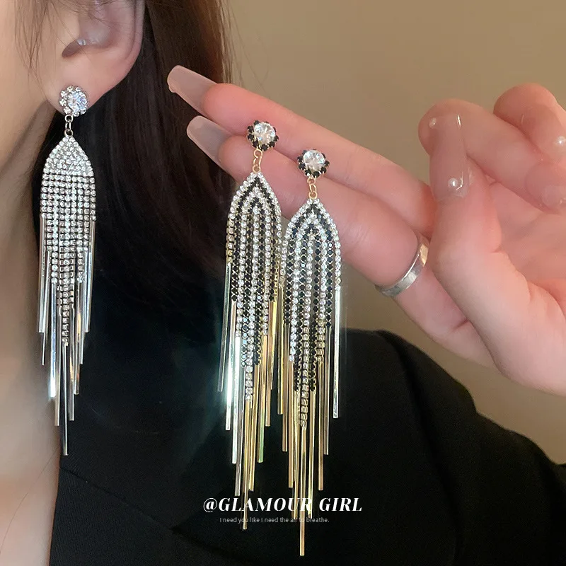 

Luxury Exaggerated Gold Sliver Crystal Tassel Earrings for Women Trendy Personality Daily Party Earrings Wedding Jewelry Gift