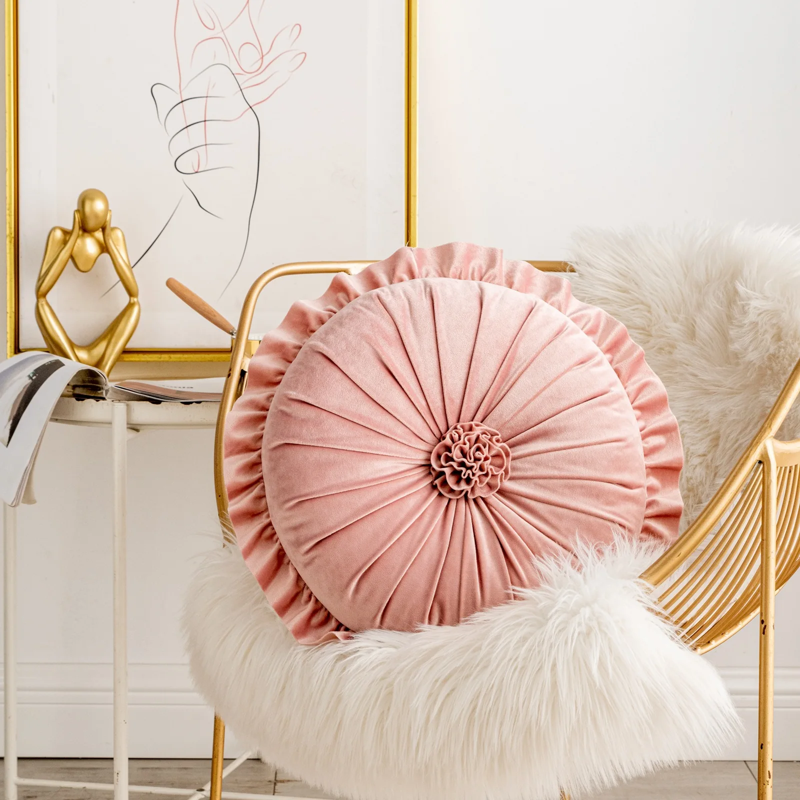 

GXTYYDS Round Ruffle Cushion, Pleated Velvet Pumpkin Chair Cushion 3D Floral Decorative Cushion for Sofa, Bedroom, Office, Car (