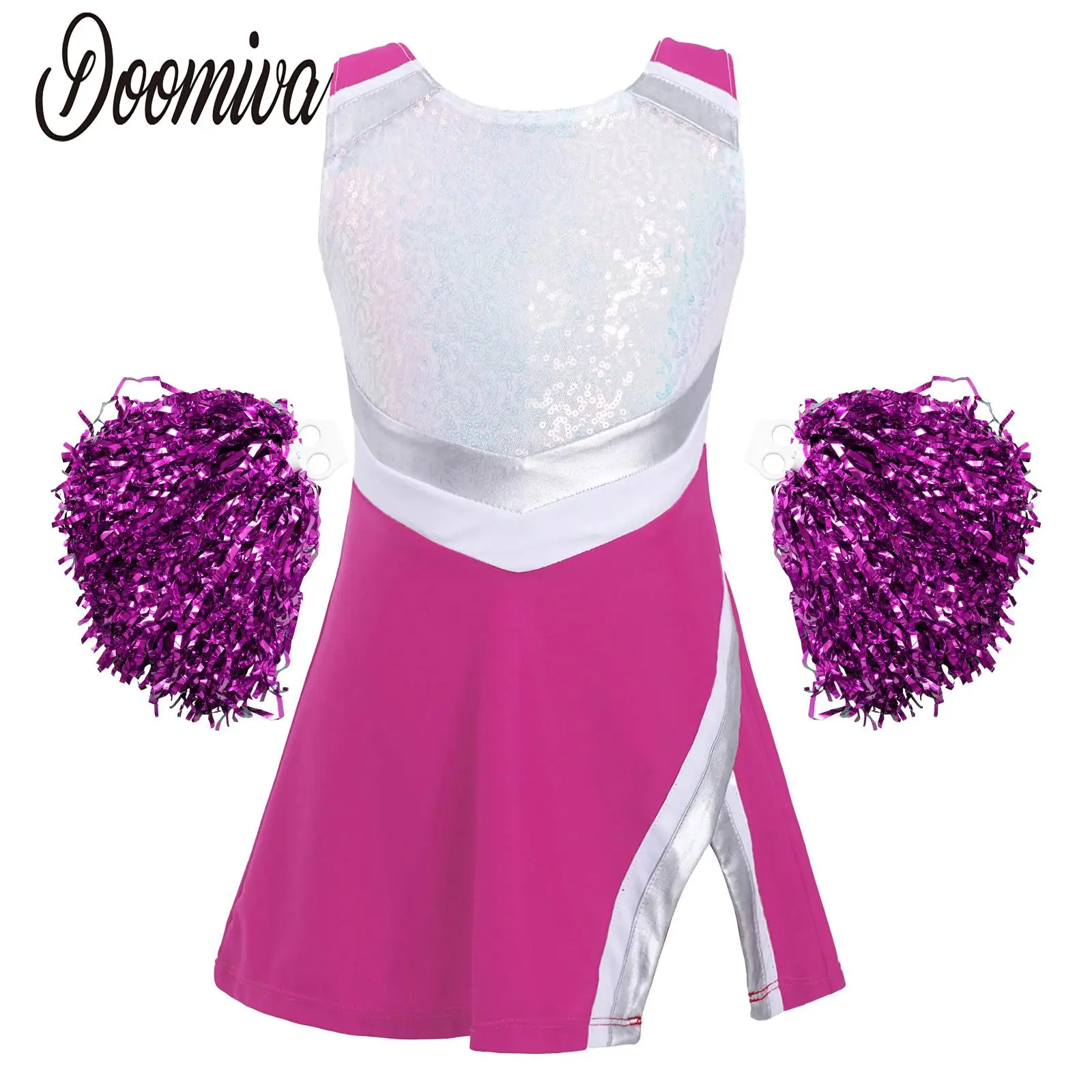 

Girls Cheerleading Outfits Shiny Sequin Cheer Leader Sleeveless Dress Cheer Dance with Flower Balls Set Party Carnival Costume