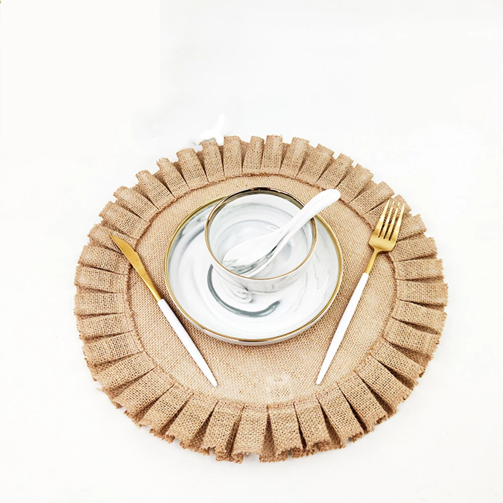 

1pcs Round Natural Jute Folds Lace Placemats Heat Insulation Pads Nordic Coaster Household Table Mats Placemats for Table