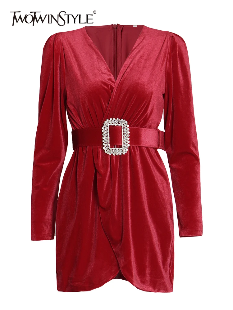 

TWOTWINSTYLE Fashion Sexy Dresses For Women V Neck High Waist Long Sleeve Belt Sheath Solid Dress Female Spring Clothing 2022