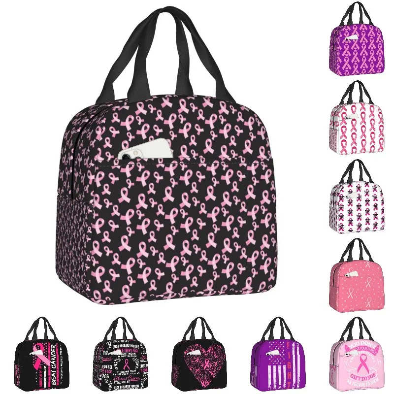 

Custom Floral Pink Breast Cancer Awareness Ribbon Lunch Bag Women Thermal Cooler Insulated Lunch Boxes for Adult Office