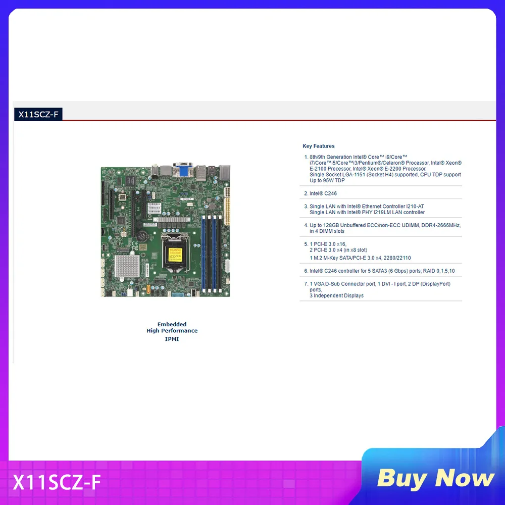 

X11SCZ-F For Supermicro Workstation Motherboard 8th/9th Gen Core i3/i5/i7/i9 Xeon E-2100/E-2200 Series LGA-1151 DDR4 PCI-E3.0