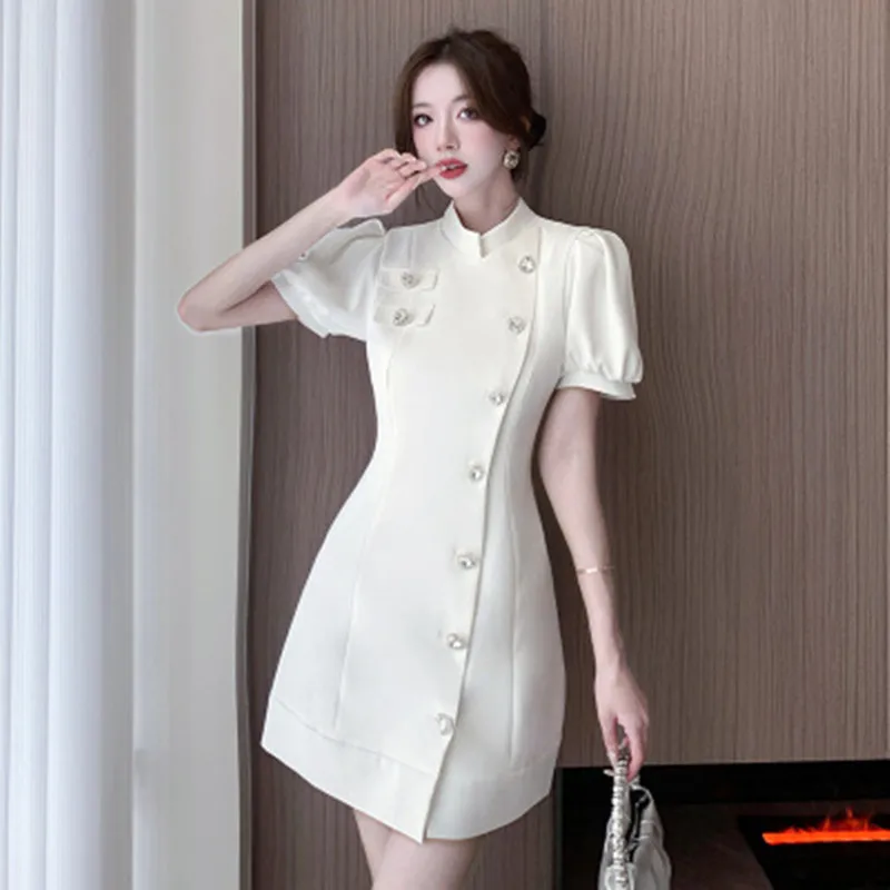 

Женское однобортное мини-платье BULOCHOVA, корейское модное летнее дизайнерское облегающее платье со стразами, с воротником-стойкой и пышными рукавами, новинка 2023