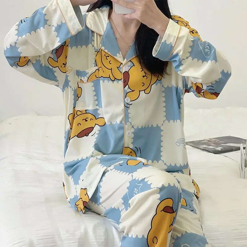 Cotton Pajamas Women Summer Long-sleeved Trousers Two-piece Suit Women's Satin Loose Printed Home Wear Casual Fashion Pajamas