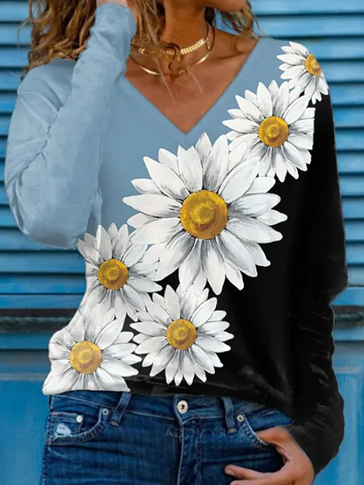 

Spring Women Popular Vintage Daisy Print Pullover Tops Fashion Elegant V-Neck Loose Blouse Lady Autumn Casual Long Sleeve Shirts