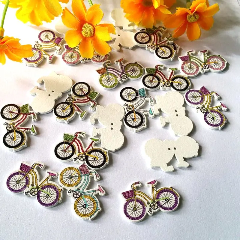 

50Pcs Mixed 2 Holes Multicolor Cut Animal bicycle Wood Buttons for Crafts DIY Children Decorative buttons Scrapbook 20x32mm