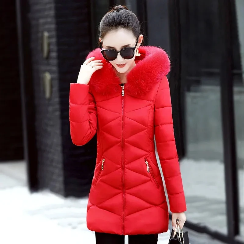Korean style clothes for women red slim quilted down coats winter outer long padding garment female warm fur collar zip overcoat