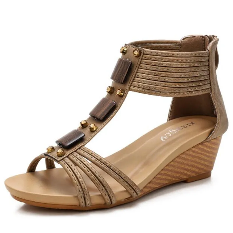 

Women Summer Wedges Sandals Mid Heels Comfortable Shoes Fashion Vintage Narrow Band sandalias Gladiator Sandal Femmes