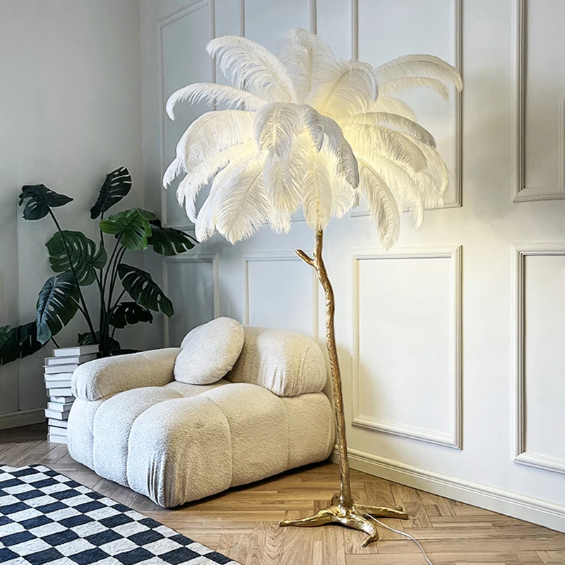 Lámpara de pie Led de pluma de avestruz nórdica, luz de pie de resina de cobre para decoración del hogar, iluminación interior, dormitorio, mesita de noche