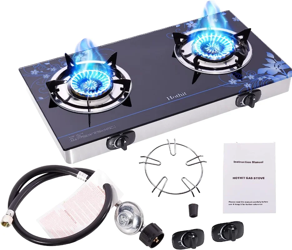 

Hothit Gas Cooktop 2 Burner Outdoor Propane Stove, 28600 BTU, Portable Auto Ignition LPG Tempered Glass for camping