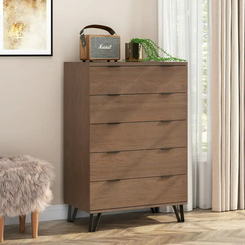 

Faux Wood 5 Drawer Wide Dresser, Walnut and Matte Black