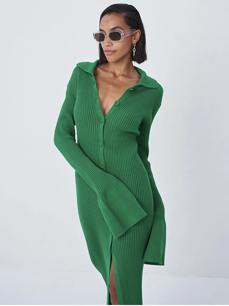 

Женское трикотажное платье-свитер с V-образным вырезом и длинным рукавом