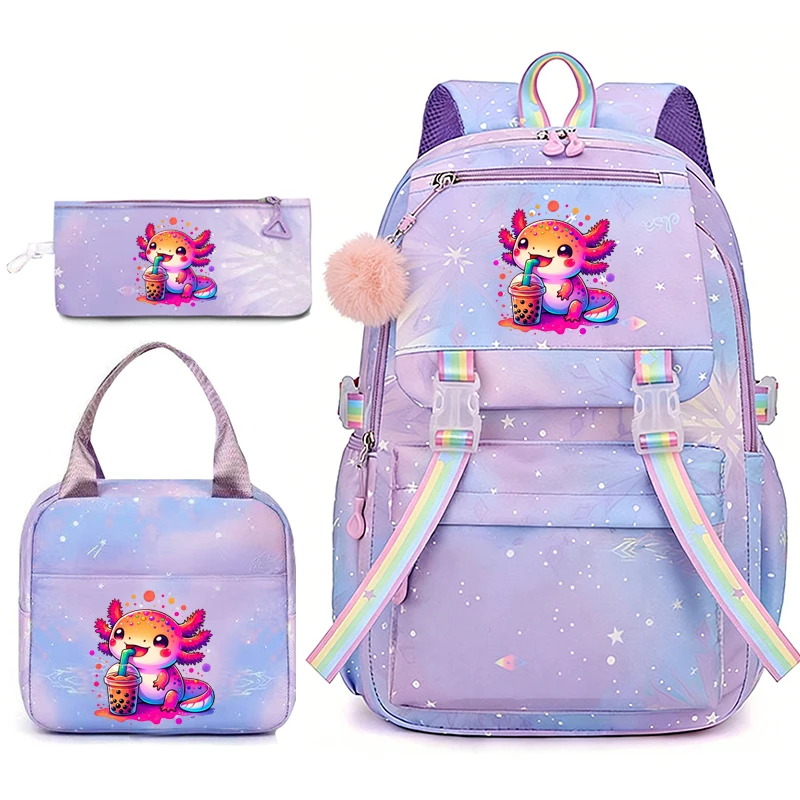 Фото Рюкзак Rainbow Axolotl Boba в стиле аниме для подростков, 3 предмета, школьный рюкзак для девочек и мальчиков с коробкой для обеда, легкий детский рюкзак, набор Mochilas, подарок №5
