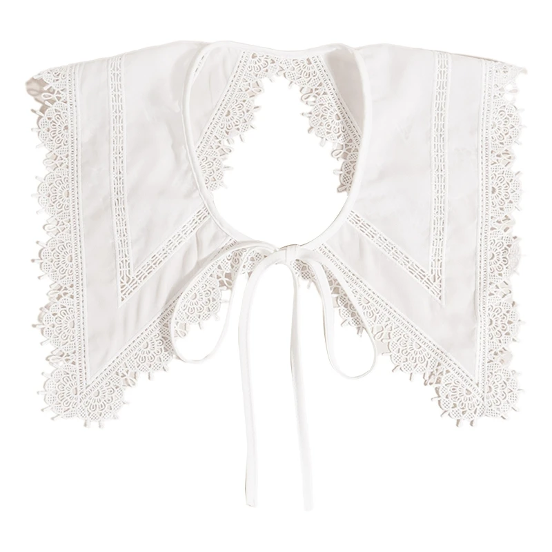 

Korean Women Embroidery Striped Detachable Collar Shawl Sweet Scalloped Floral Lace Trim Scarf Lapel Shirt Lace-Up Cape